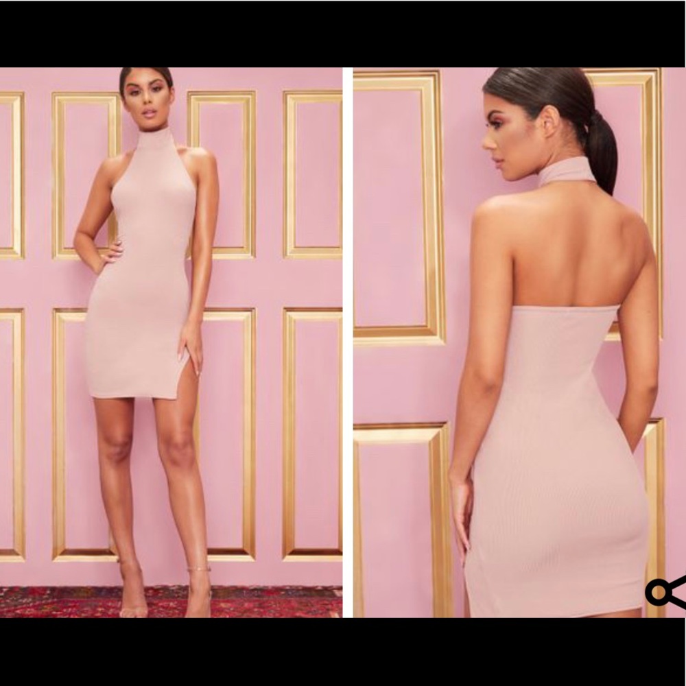 Mauve Ribbed High Neck Split Detail Bodycon Dress